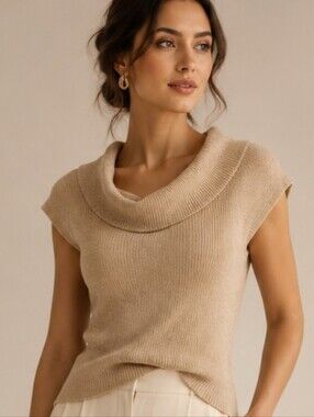 Coldwater Creek Beige Cowl Neck Short-Sleeve Sweater